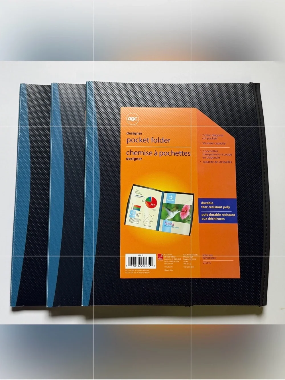 GBC Designer Pocket Folder - Black with Blue Trim, 21511S, 3 Pack